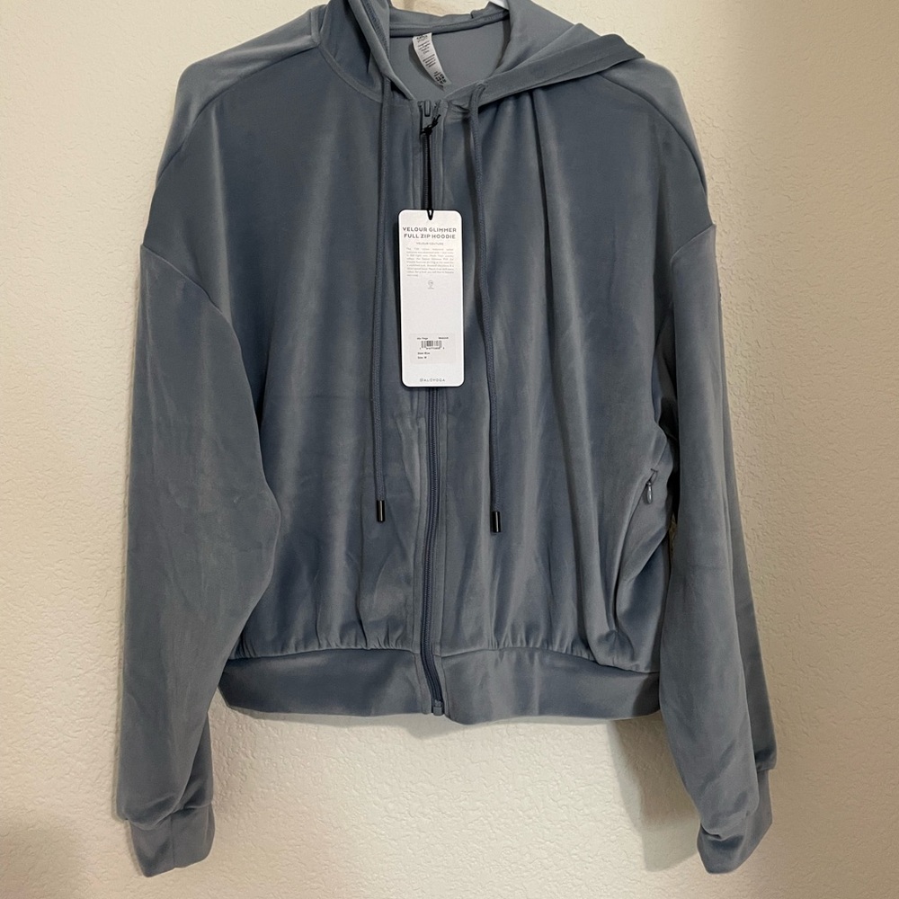 Alo Yoga Velour Glimmer Full Zip Hoodie Steel Blue Medium NWT
